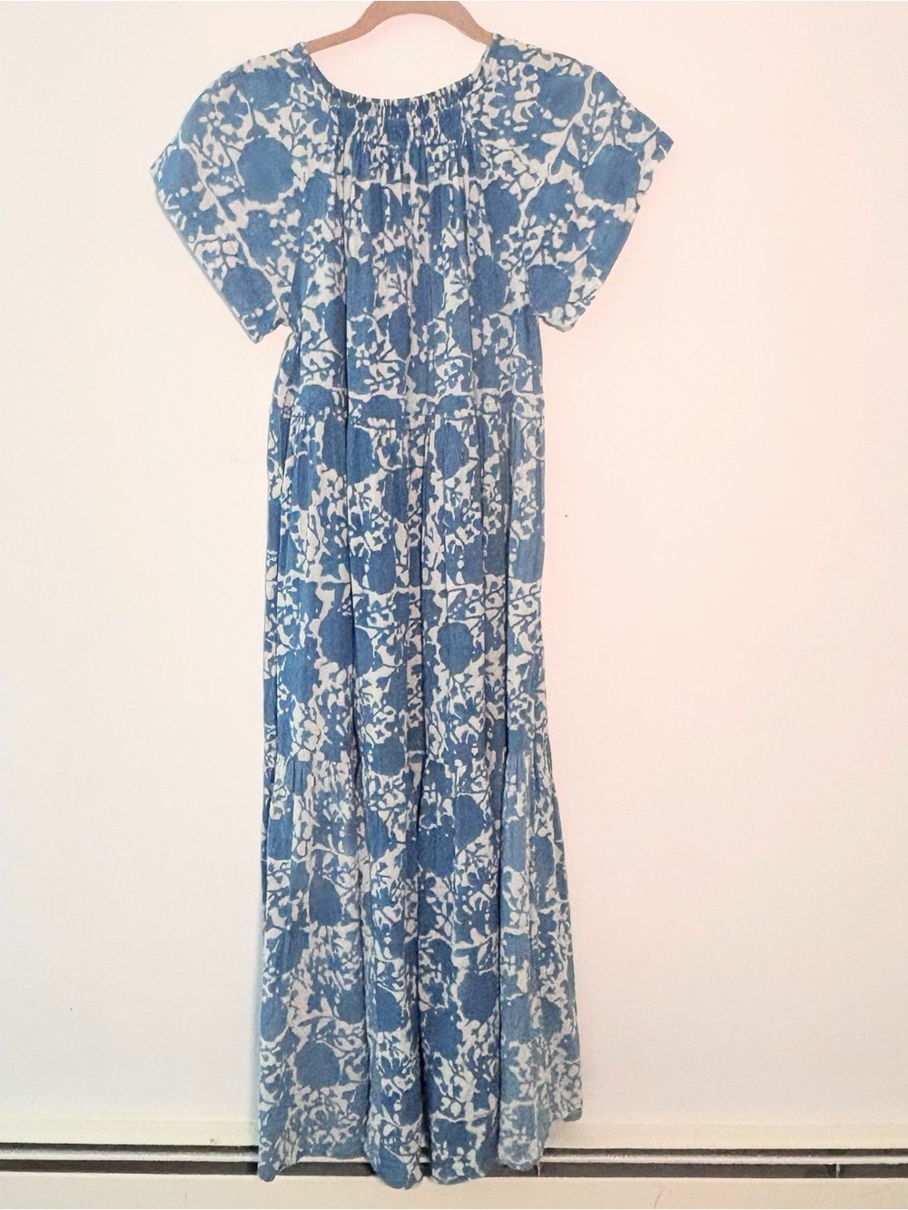 Mirth Vienna indigo blue block print tiered maxi dress small 100% cotton